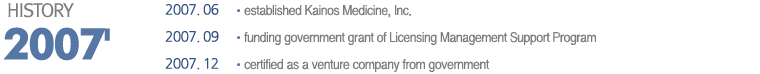 2007.06     established Kainos Medicine, Inc.
2007.09     funding government grant of Licensing Management Support Program
2007.12     certified as a venture company from government

